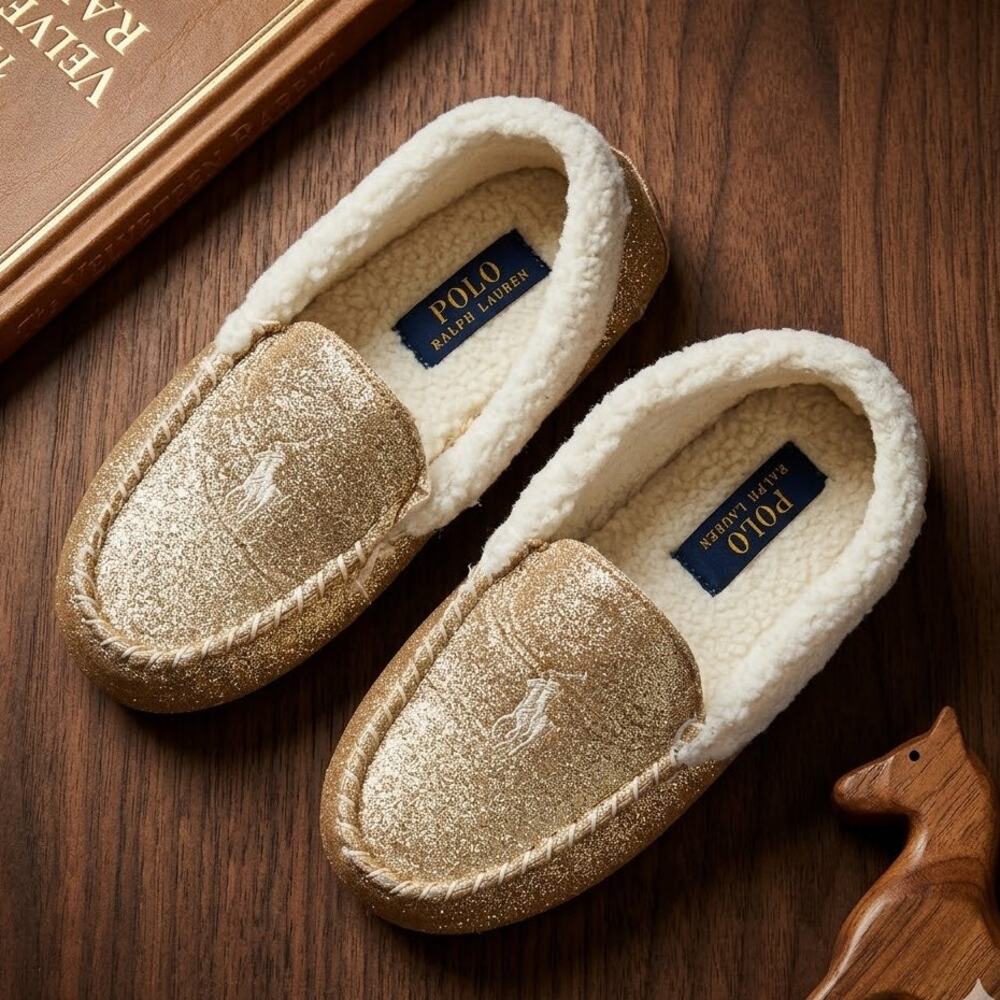 Polo Ralph Lauren Gold Glitter Moccasin Slippers Youth Size 5 / Women's 6.5